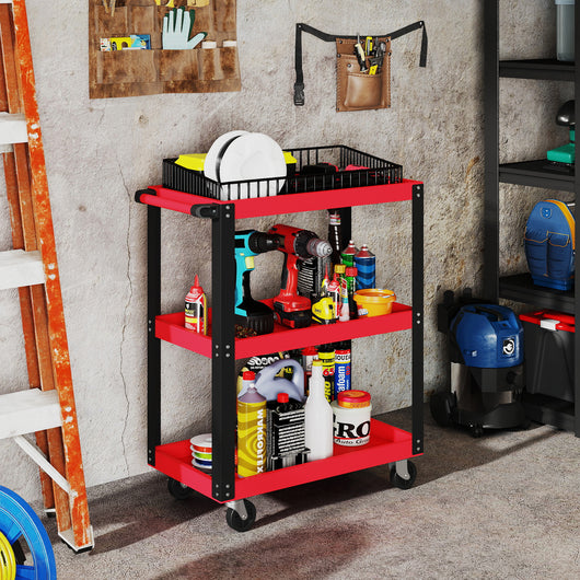 Carrello Porta Attrezzi a 3 Ripiani 70,5x35x82,5 cm in Metallo e PP Rosso e Nero