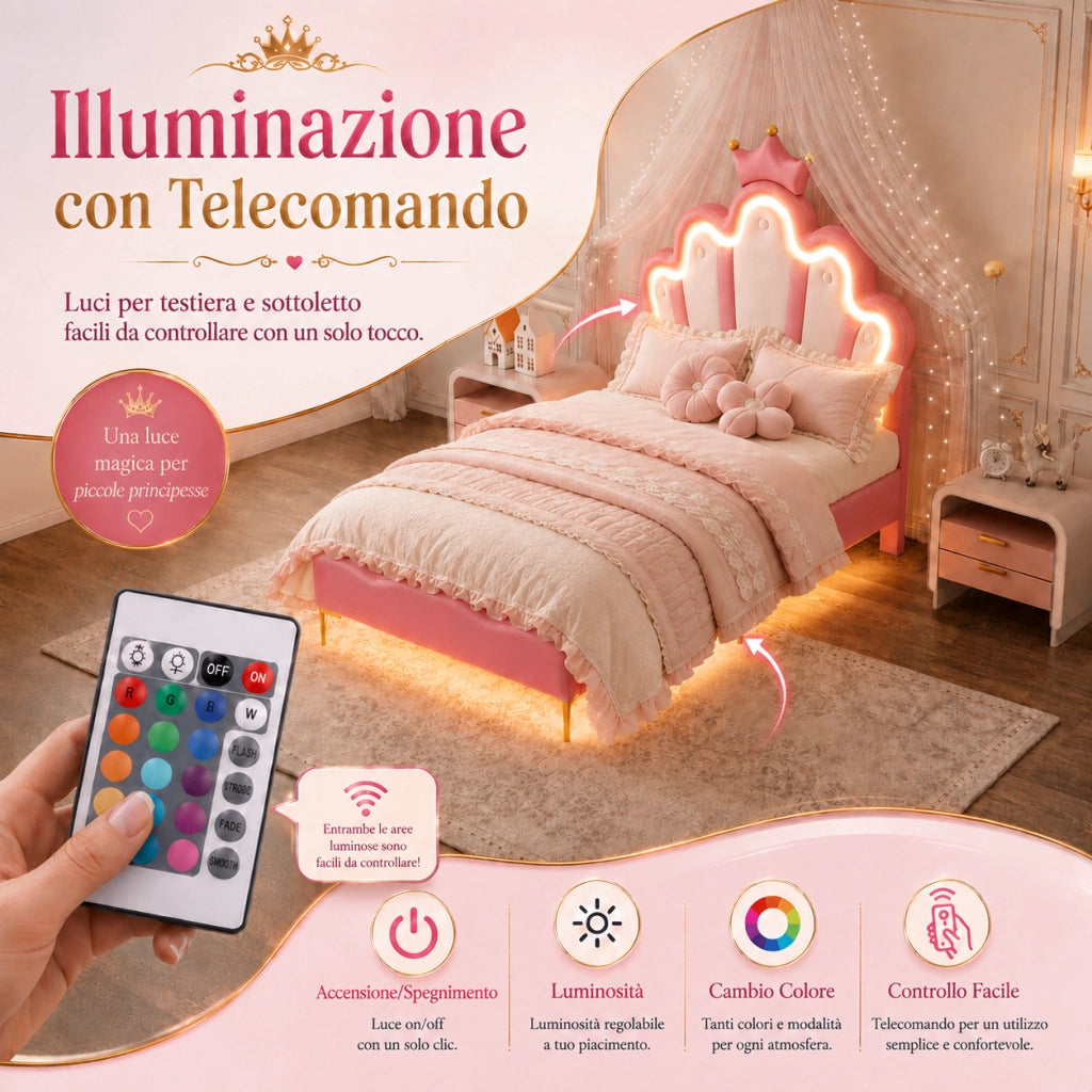 Letto singolo per bambina 90x200 cm ecopelle rosa, testiera a corona con luci LED, illuminazione sotto il letto, gambe dorate, telaio robusto