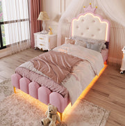 Letto singolo imbottito ULEVR 90x200 cm a forma di corona con rete a doghe, LED e telecomando, rosa