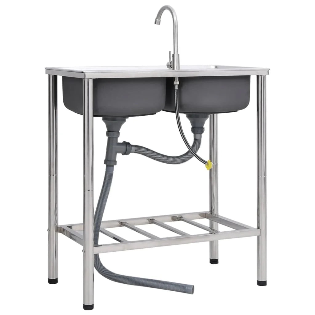 Lavello da campeggio doppio lavello con rubinetto lavello da cucina lavello da garage lavello da esterno antivegetativo 78 x 43 cm acciaio inox 02_0002437