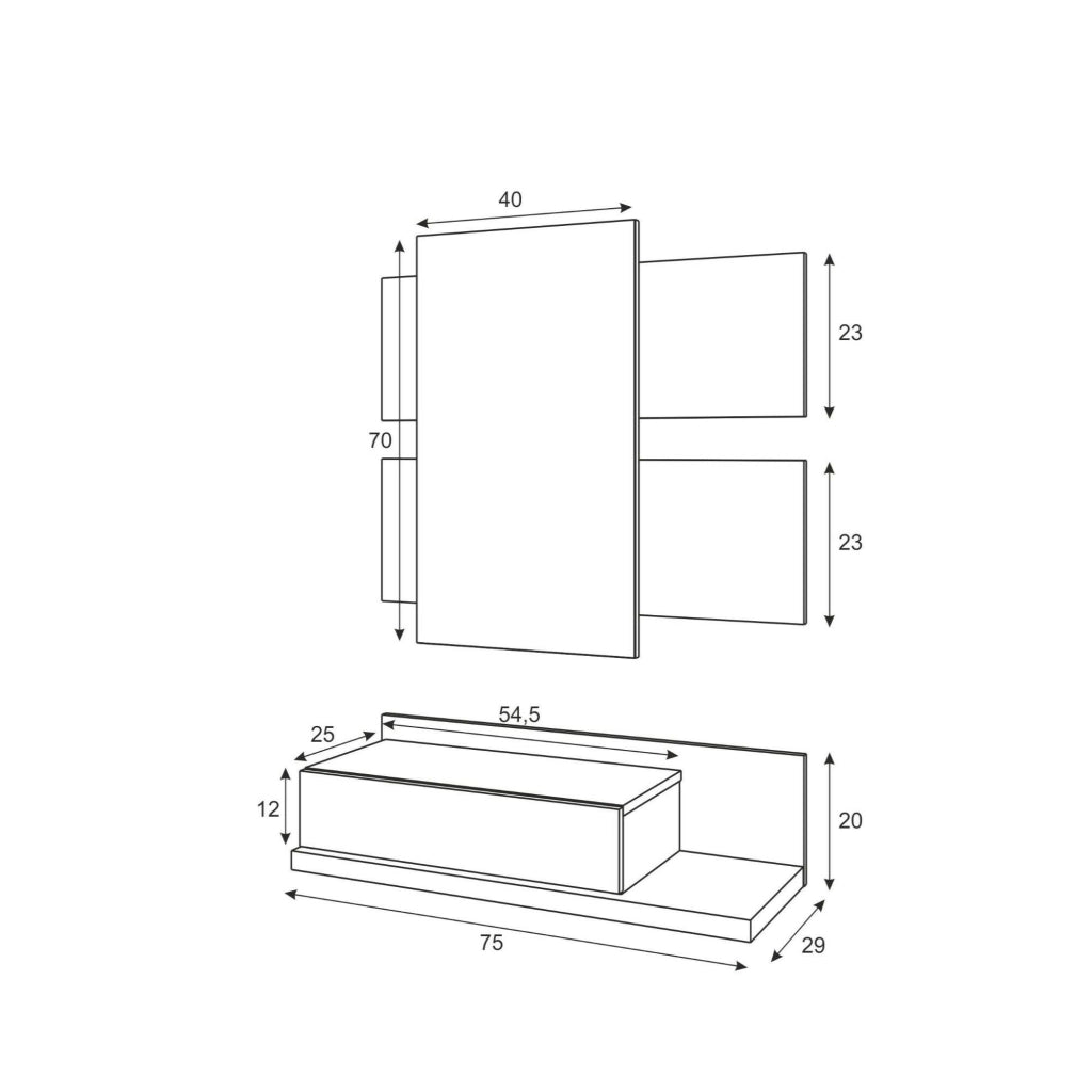 Mobile da ingresso Anro, Entratina sospesa con specchio, Mobile con cassetto per entrata, cm 75x29h90, Bianco e Cemento