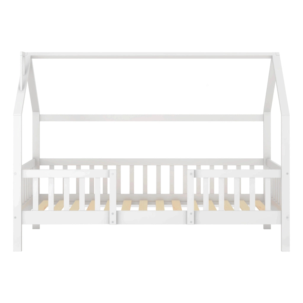Letto a casetta per bambini 90x200 cm in legno di pino bianco con tetto e recinto, senza materasso