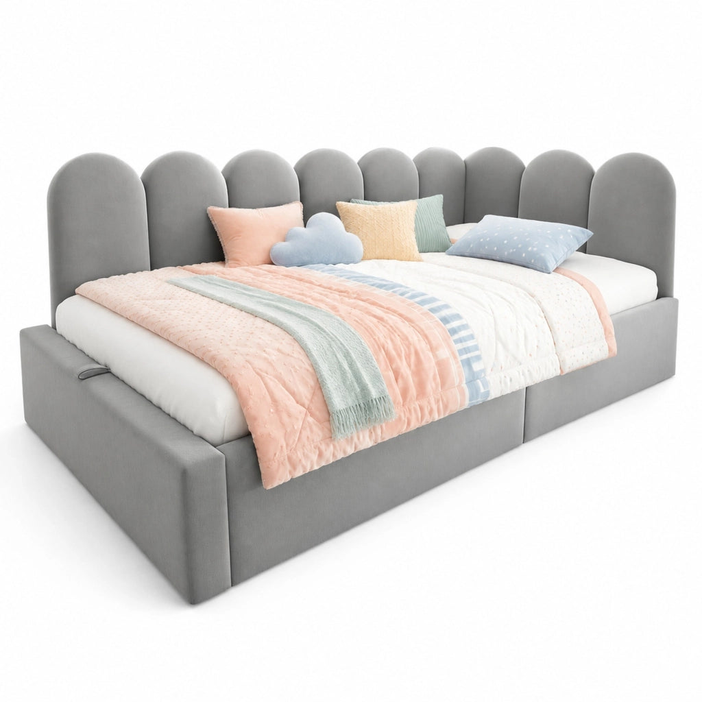 Letto giorno 90x190 cm in velluto grigio con spazio contenitore, rete a doghe metalliche e design a grata