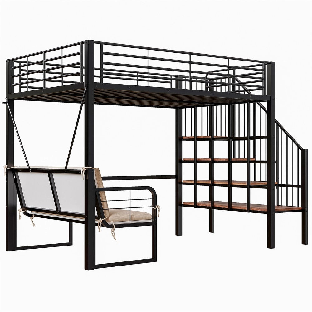 Letto a Castello 140x200 con Divano Estraibile, Contenitore e Scala ¨C Xylo ¨C Nero, Metallo