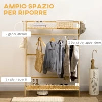 Appendiabiti in Bambù, Design Rialzato a 2 Livelli con Barra e 2 Ganci, 114x40x139 cm