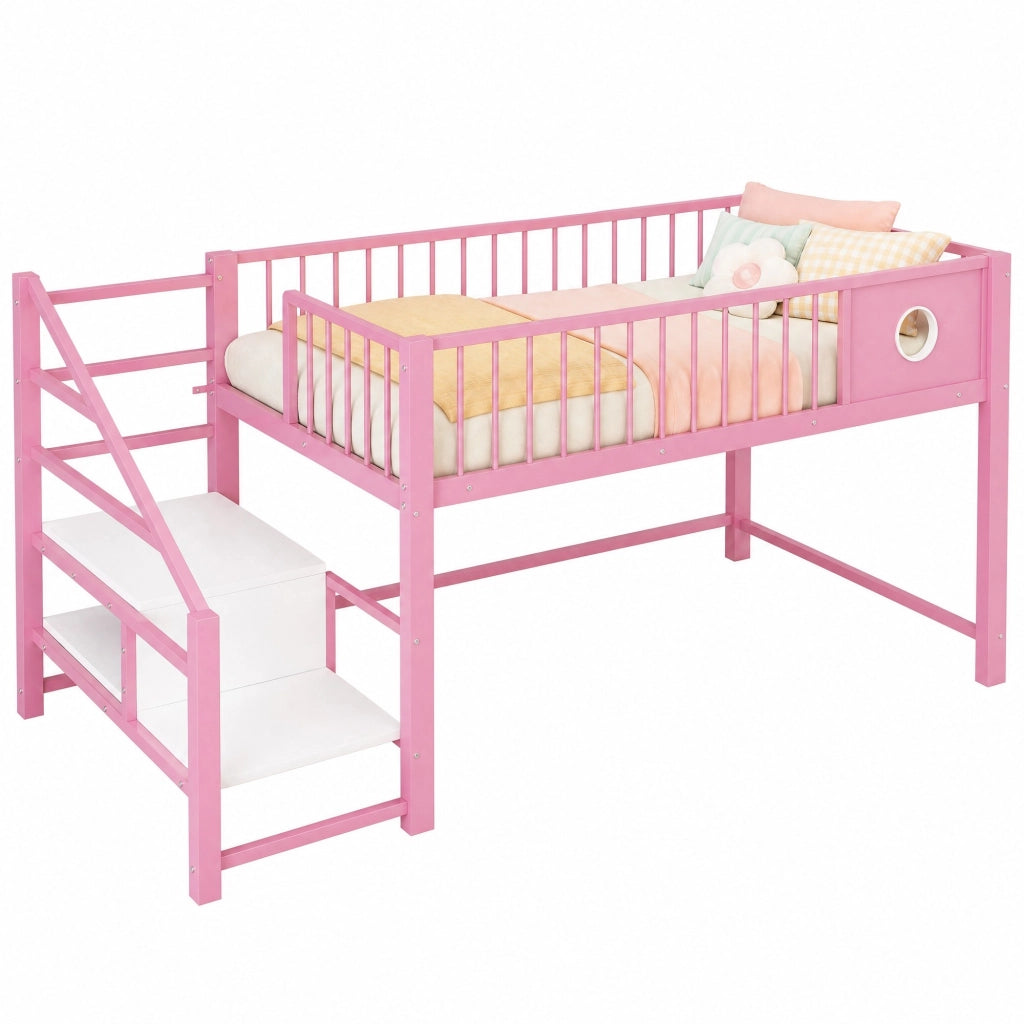 Letto a castello basso per bambini 90x200 cm in metallo con scala contenitiva; rosa