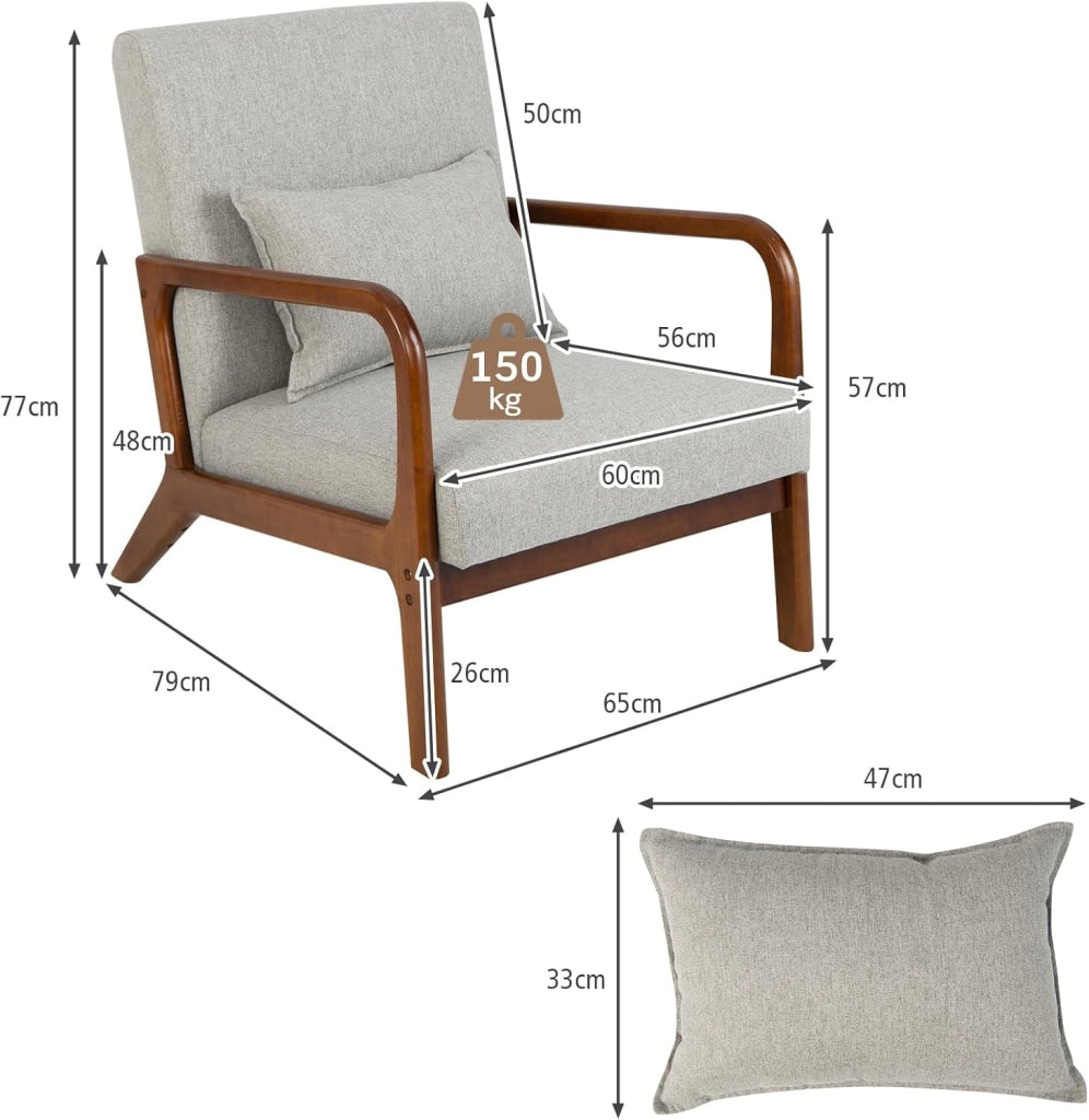 Poltrona da Salotto, Sedia da Soggiorno con Cuscino Lombare, Poltrona Moderna Imbottita, Telaio in Legno di Gomma, per Soggiorno, Camera da Letto, Portata 150 kg (Grigio)