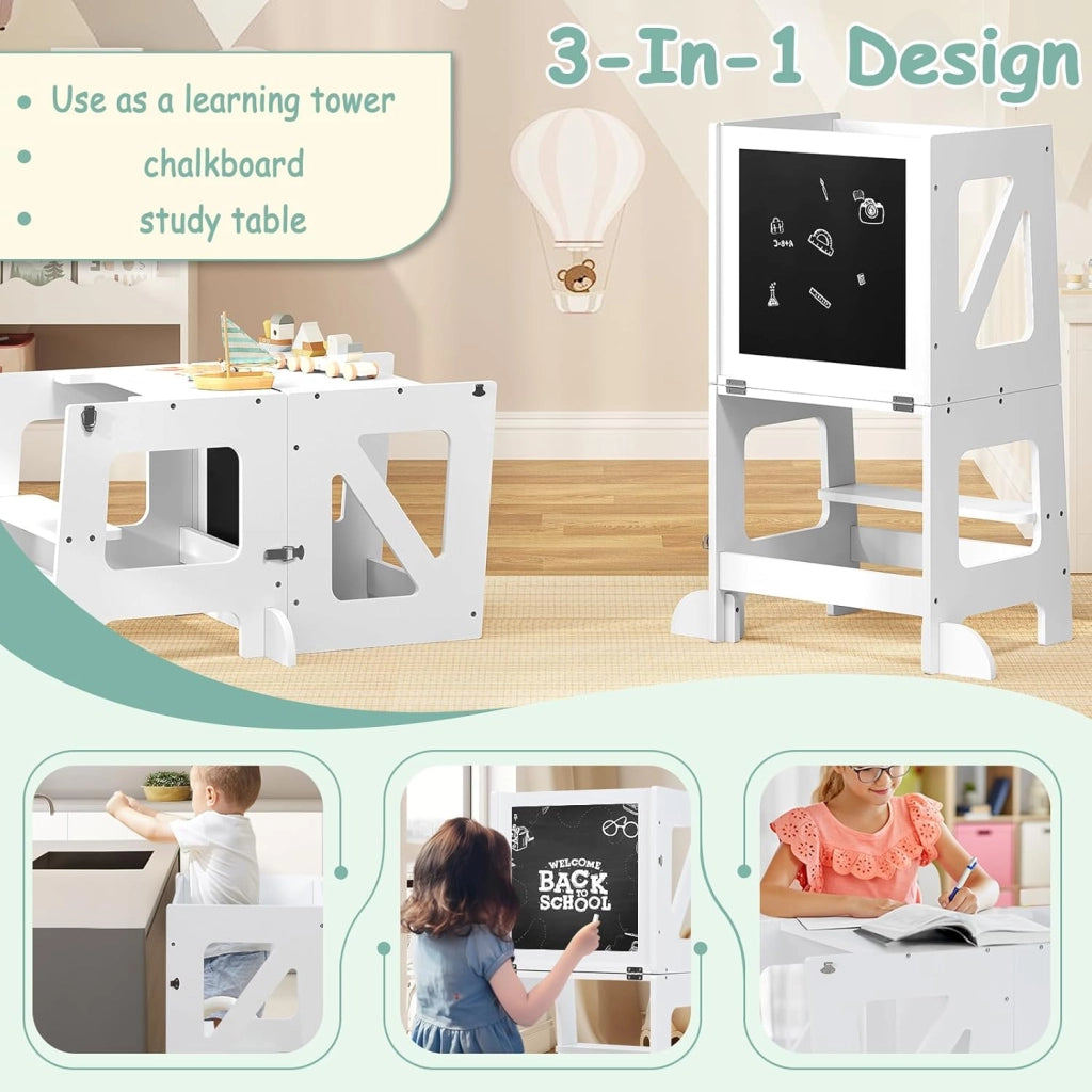 3 in 1 Torre Montessoriana, Scala Montessoriana di Apprendimento, Trasformabile, con Lavagna, Barra Sicurezza, per Bambini di Età Superiore ai 12 Mesi, Bianco