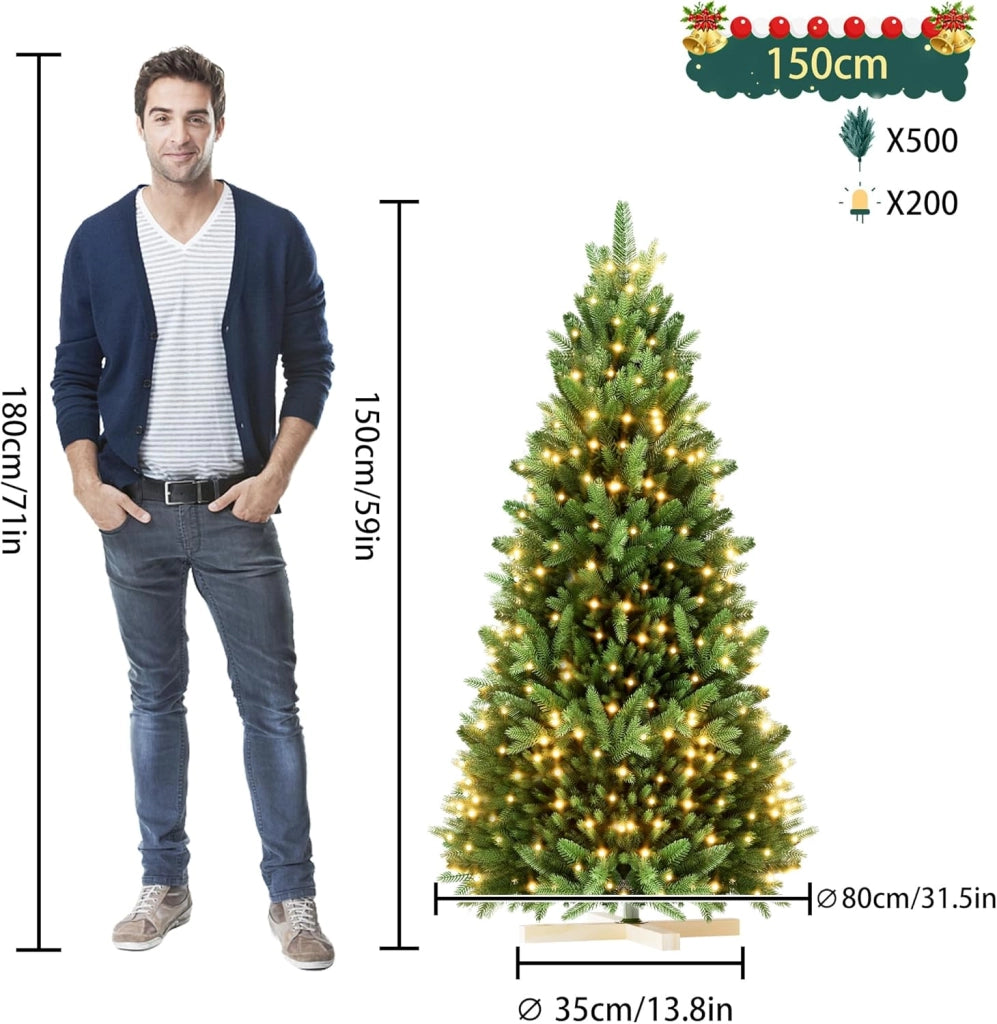 Albero di Natale Artificiale con Illuminazione 150 cm in PVC/PE Abete di Natale con Base in Legno Alberi di Natale Christmas Tree Decorazione Natalizia