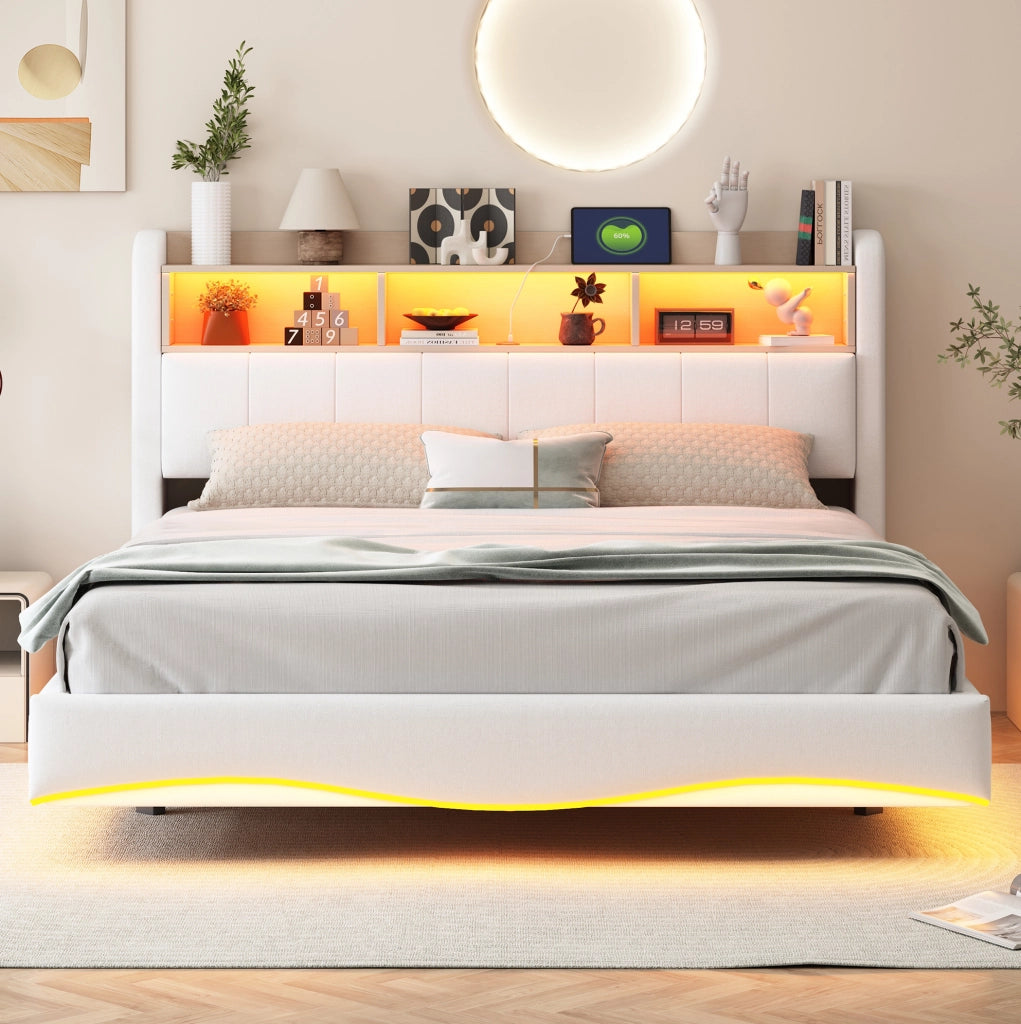 Letto imbottito 160x200 cm beige, struttura in metallo con LED e USB