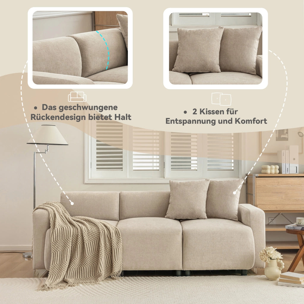 OKWISH Divano Lineare 3 Posti, Seduta Ampia con Schienale Alto e 2 Cuscini, Ciniglia Beige, 211 x 67 x 71 cm
