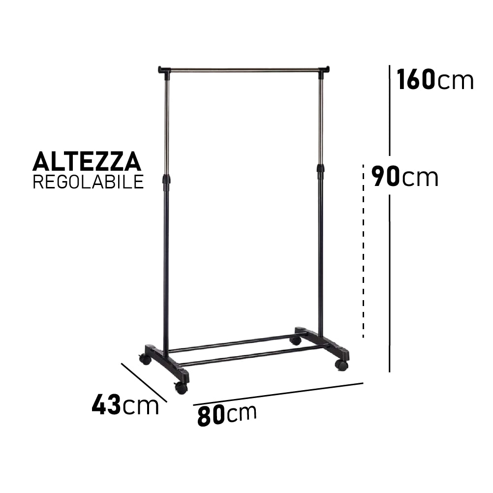 Stand Appendiabiti Salvaspazio in Metallo Appendiabiti con 4 Ruote Altezza Regolabile