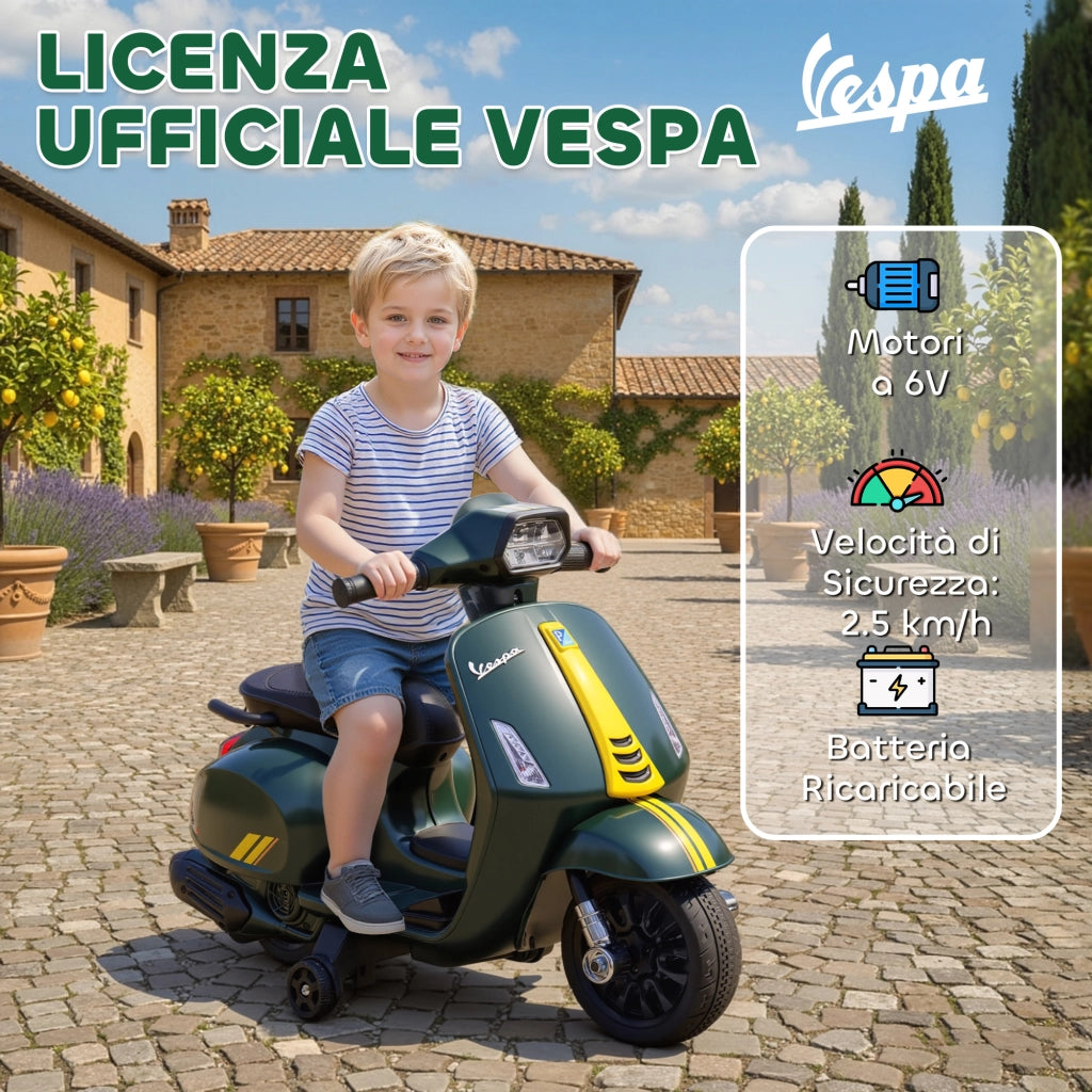Moto Elettrica per Bambini con Licenza Ufficiale Piaggio Vespa 6V con Rotelle e Luci Verde Scuro