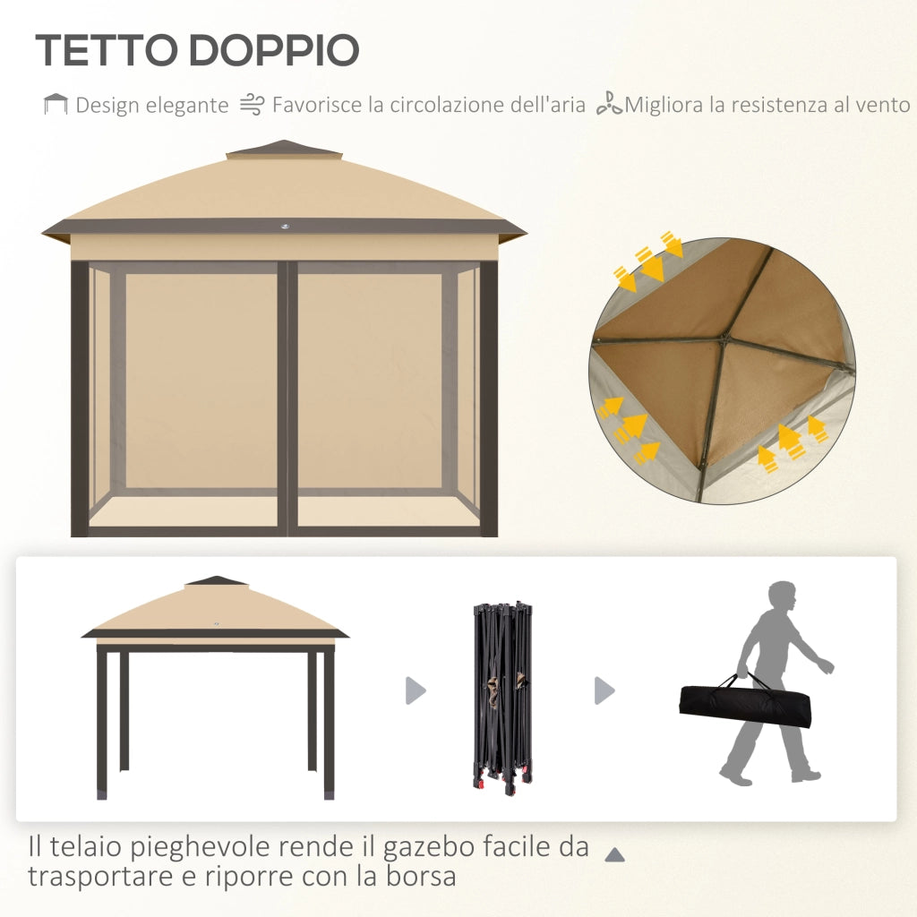 Gazebo Pieghevole 3.3x3.3 m con Zanzariera. Doppio Tettuccio e Borsa da Trasporto. Beige