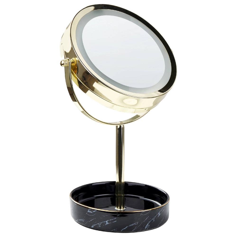 Specchio trucco con luci LED e telaio in ferro Ø 20 cm in color oro e nero moderno