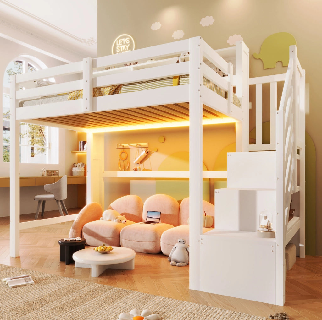 Letto a soppalco 90x200 cm con LED, scala contenitore e ampio spazio inferiore