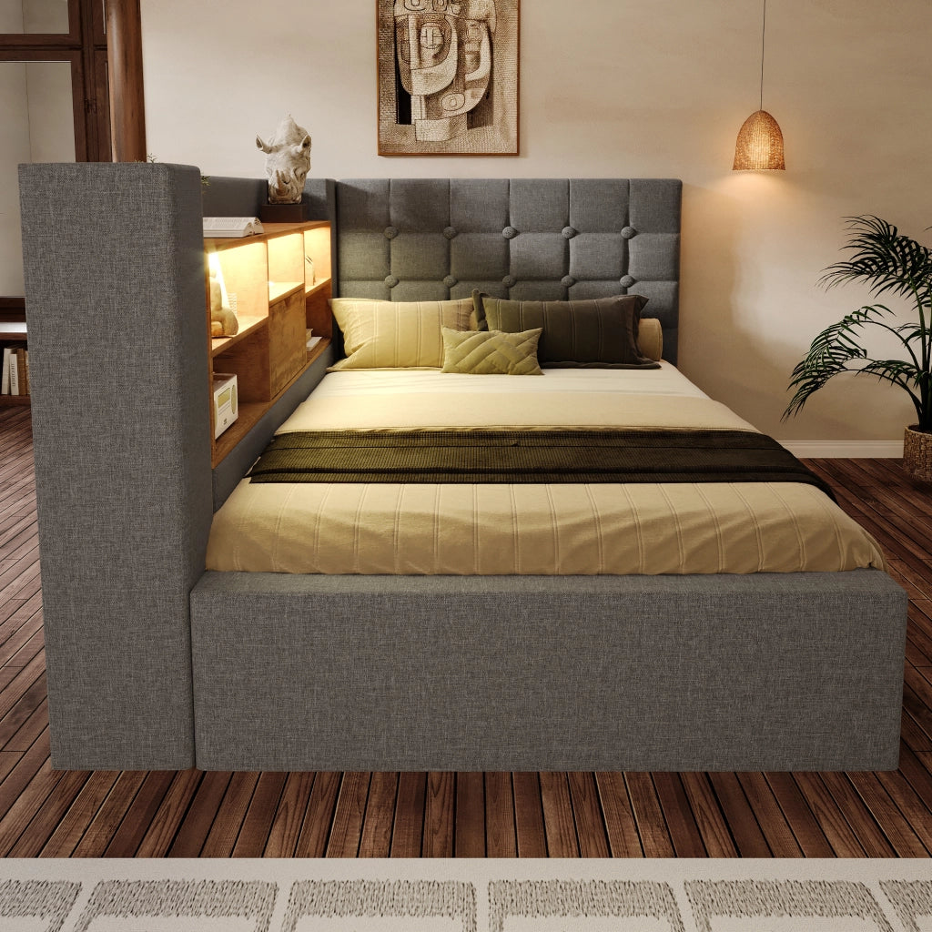 LETTO 90x190 cm in tessuto grigio con LED, USB e vano contenitore