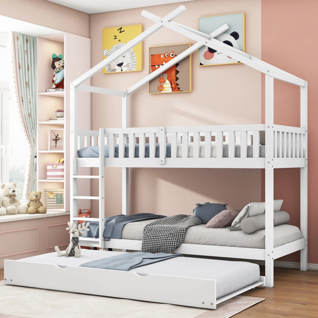 Letto a casetta per bambini e ragazzi 90x200 cm, estraibile, 3 letti separati, bianco