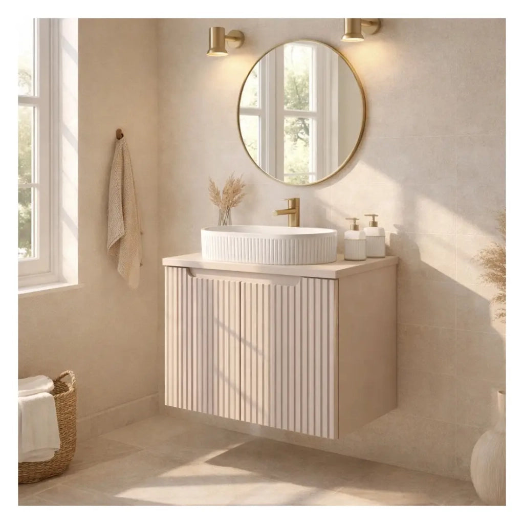 Set VANO cashmere 60cm: mobile sotto lavabo con armadietti + piano per lavabo + lavabo da appoggio scanalato bianco