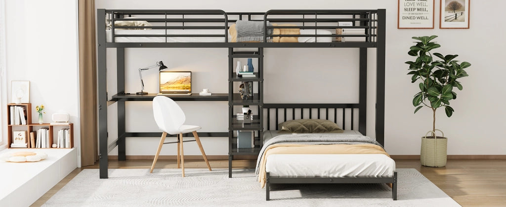 Letto a soppalco per bambini 90 × 200 cm con scrivania, prese USB e Type-C, ripiani, senza materasso, nero