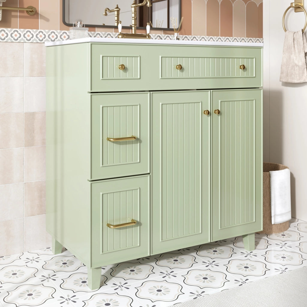 Mobile sottolavabo con lavabo in ceramica e più cassetti, per bagno, in MDF laccato verde 81,7 cm