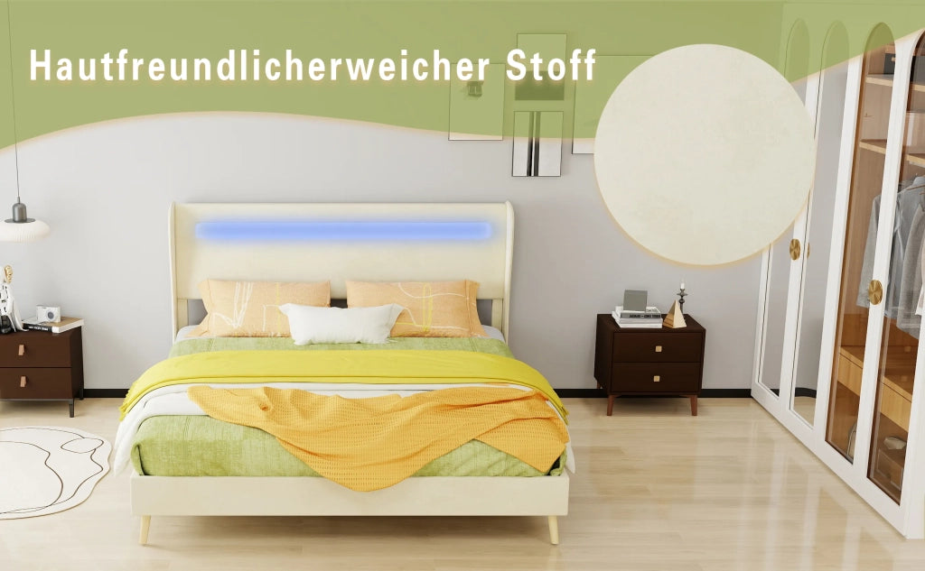 Letto imbottito moderno minimalista con testiera LED, 160x200 cm, beige, base bassa non contenitore (no sollevamento a gas), materasso non incluso