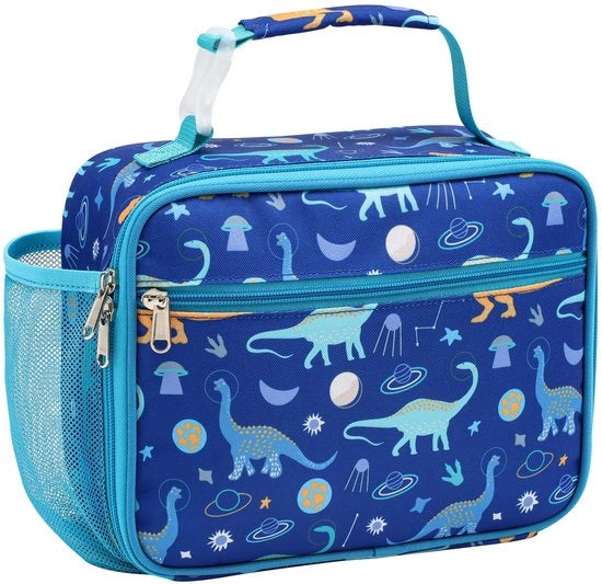 Borsa isolante per bambini - Grande borsa per pranzo per bambini con contenitore per bottiglie, borsa impermeabile per scuola e picnic, blu dinosauro