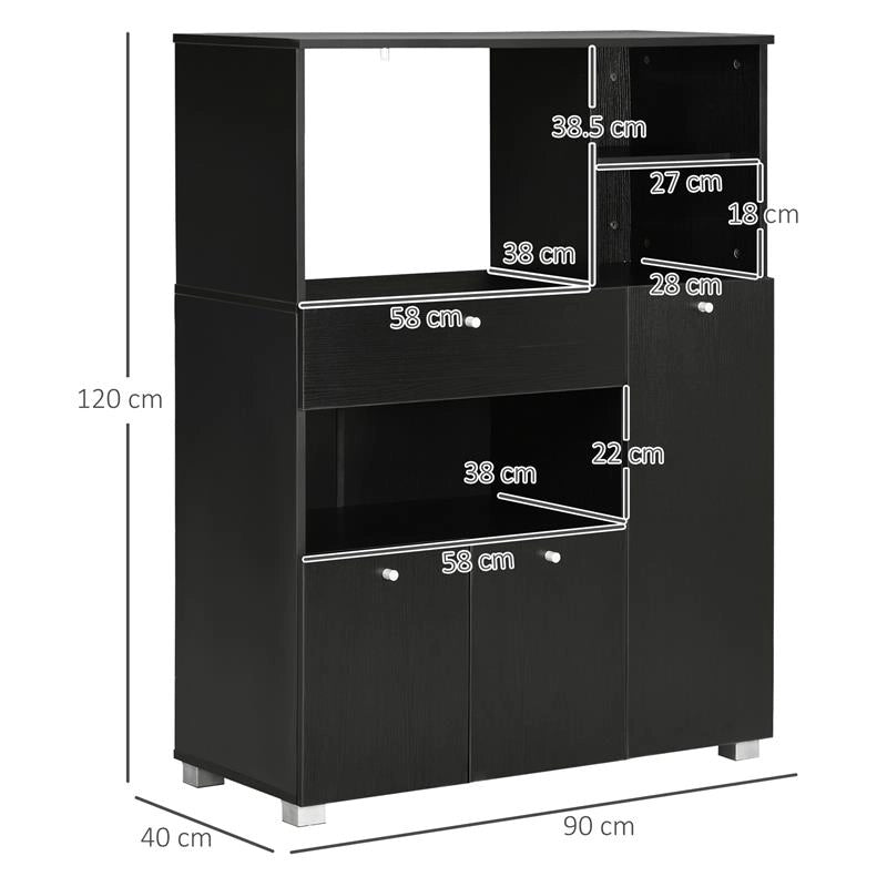CREDENZA DA CUCINA IN LEGNO PER MICROONDE CON ARMADIETTI MENSOLE E CASSETTO 90X40X120 CM NERO