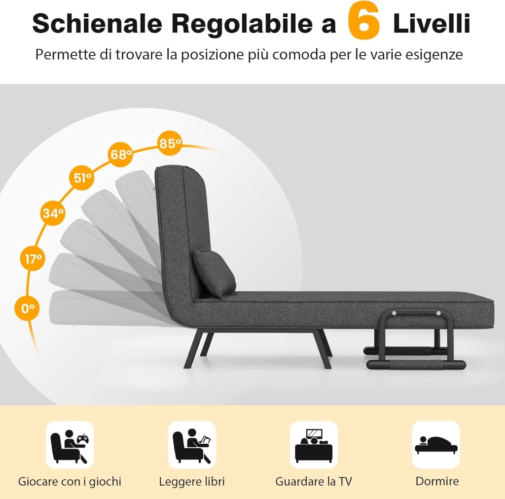 4 in 1 Poltrona Letto Singolo, Poltroncina Pieghevole con Schienale Regolabile in 6 Posizioni, Sedile Imbottito Robusto, Divano Letto per Casa Ufficio, 79x65x79 cm (Grigio scuro)
