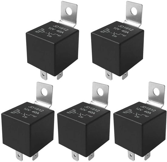 Auto Relais 4 Pin - 12V 40A - Resistente e Duraturo - Nero - Accessori Auto - Ideale per Veicoli - 5 Pezzi