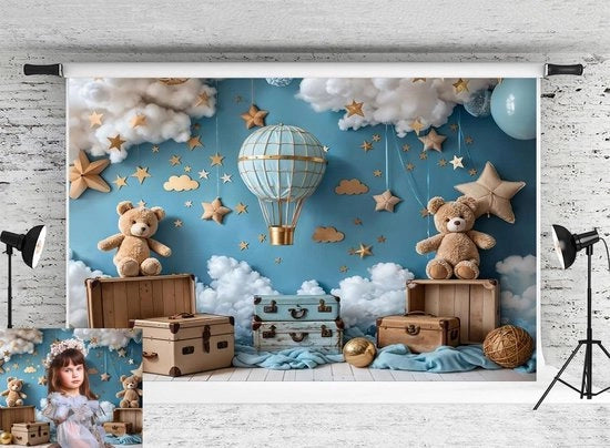 Fotografia di Fondo Balloone di Aria Calda Stampa Cielo Blu Per Bambini e Neonati Studio Fotografico Portretto 2.2x1.5m Schermo Fotografico per Bambini.