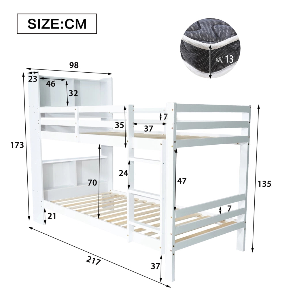 Letto a castello con ripiani e scala dritta a 3 gradini; bianco; 90x200 cm