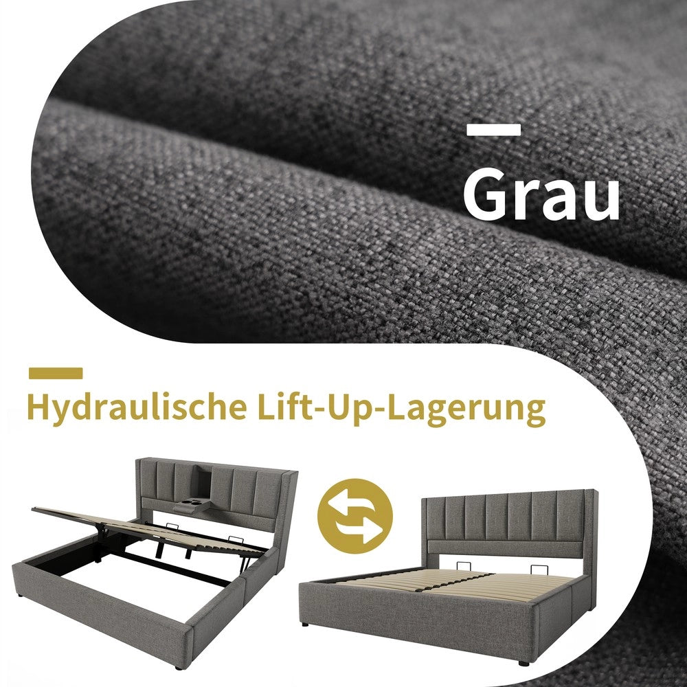 Letto Contenitore Imbottito 160x200 ¨C MINIMAL ¨C Grigio, Idraulico, con Rete a Doghe