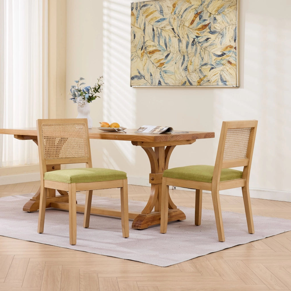 Set di 2 sedie da pranzo, schienale in vimini, stile rustico, struttura in legno, seduta imbottita, colore legno naturale e verde