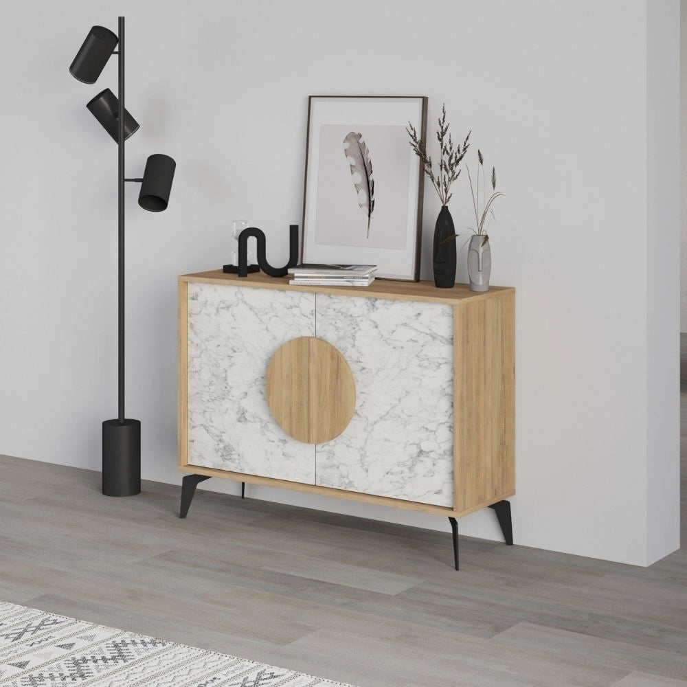 Madia 2 ante Gora110 110x35,6x82 colore bianco effetto marmo carrara e rovere