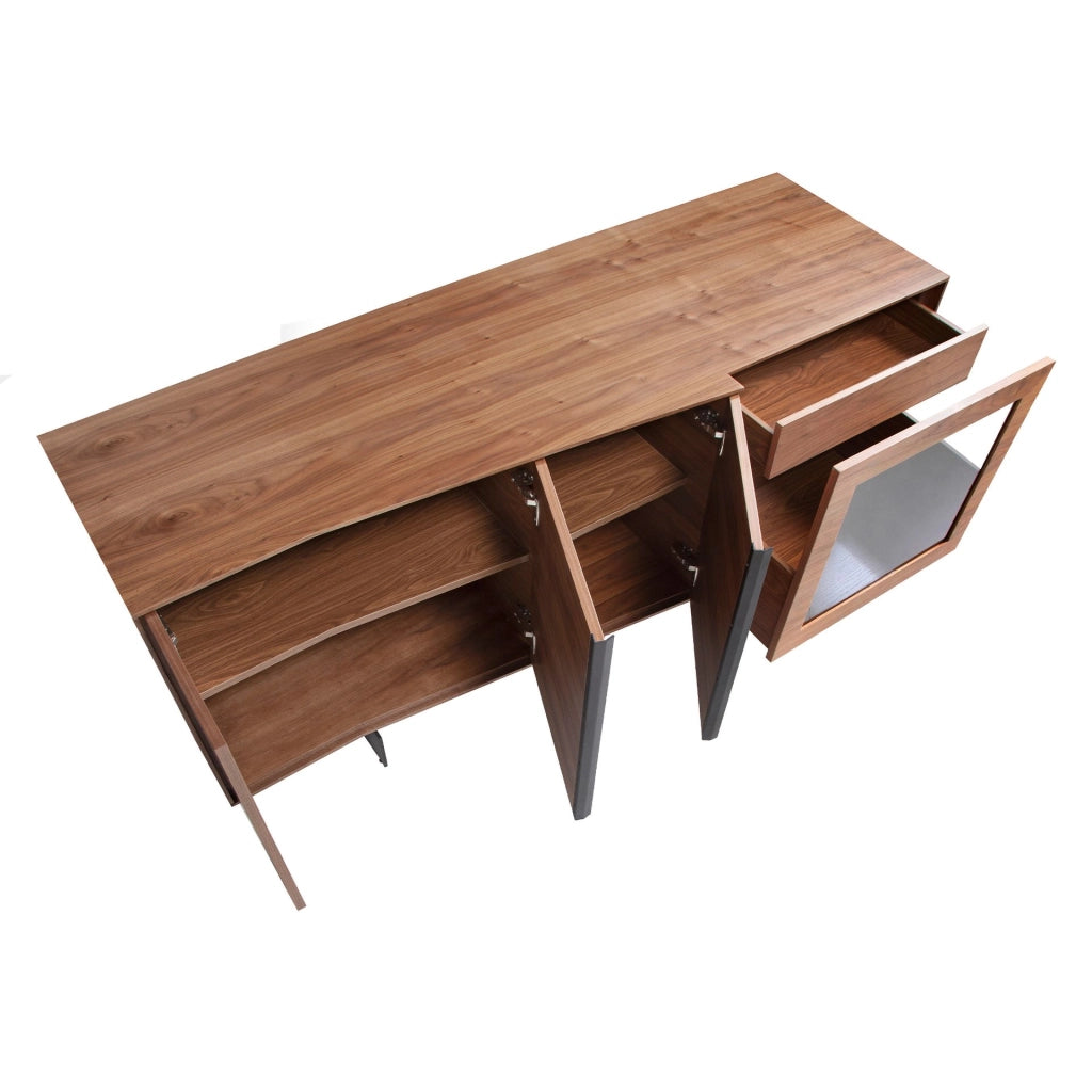 Credenza in noce e acciaio nero con illuminazione interna