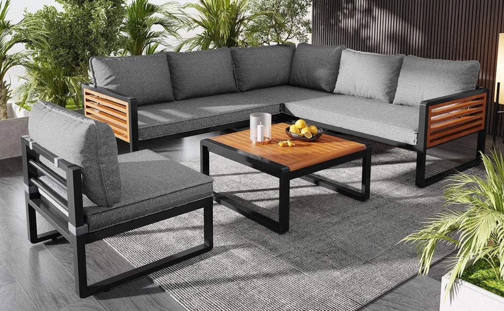Set di mobili da giardino set di divani da giardino per 5-6 persone set di divani da esterno moderno set di mobili da giardino con struttura in ferro zincato braccioli decorativi in legno mobili da soggiorno balcone set da giardino e terrazza