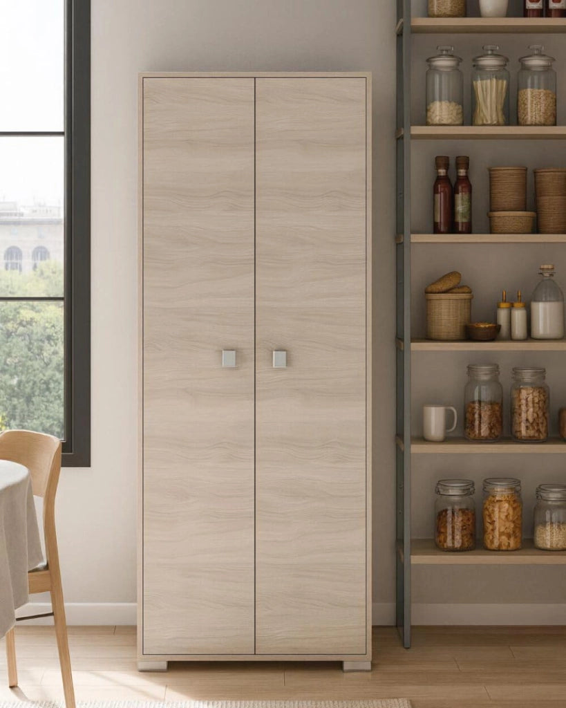 Doomostore. Armadio 2 Ante Clara per la dispensa, Cucina, Multiuso, Lavanderia, spogliatoio 75x35x180H con Ripiani Bianco/Olmo Biancoluna/Olmo