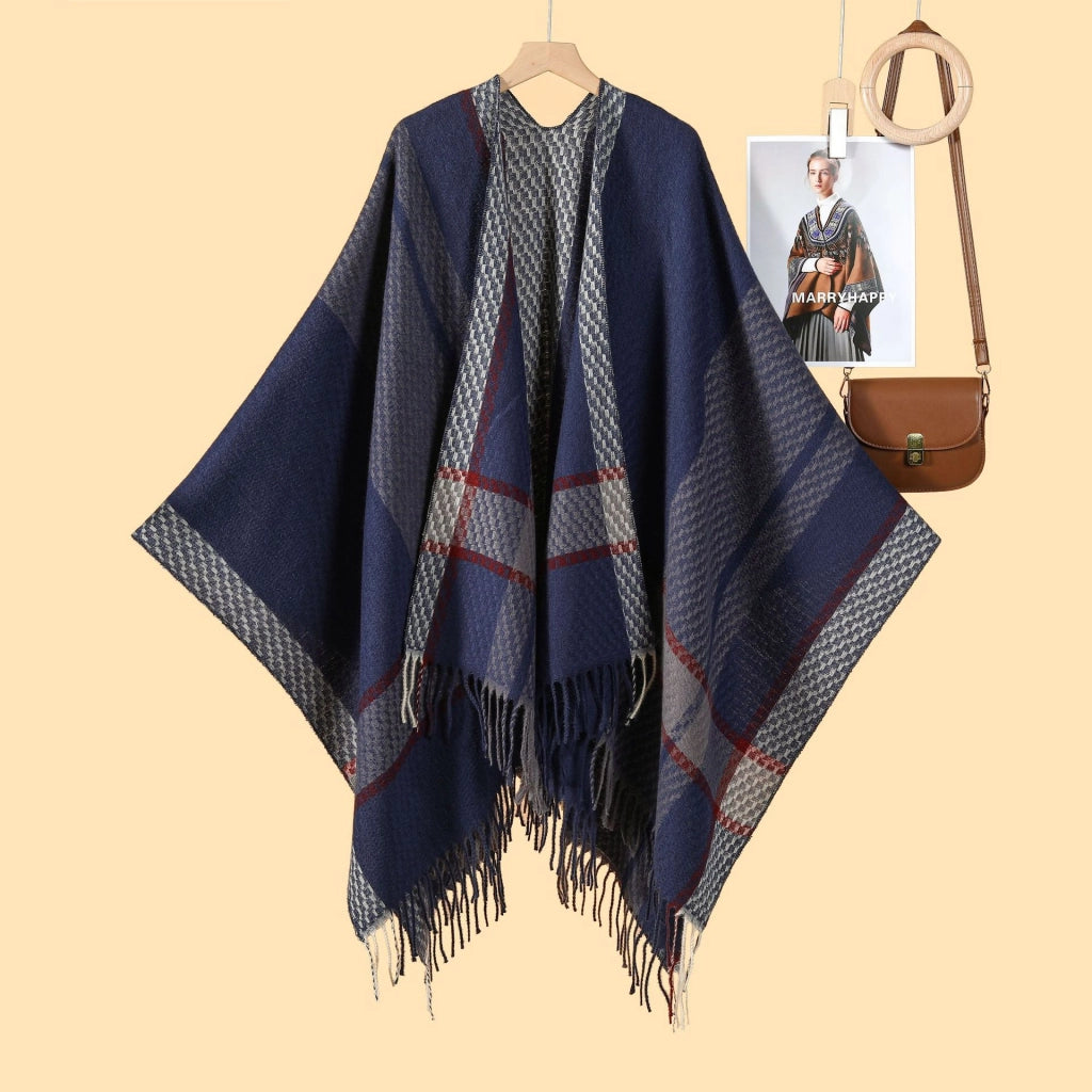 Sciarpa da donna in cashmere a righe con spacco e nappine, taglie forti.