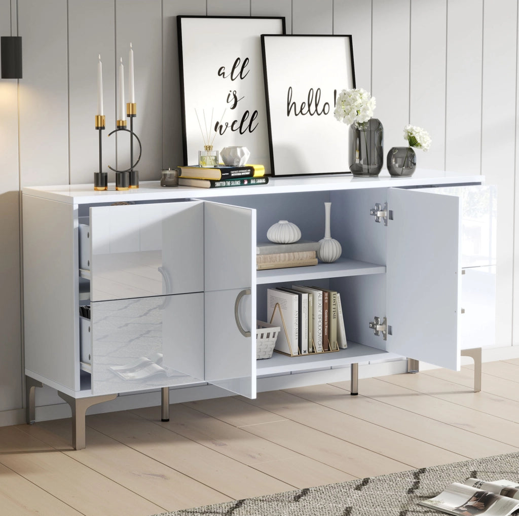 Credenza bianca lucida 150 cm con 4 cassetti e 2 ante