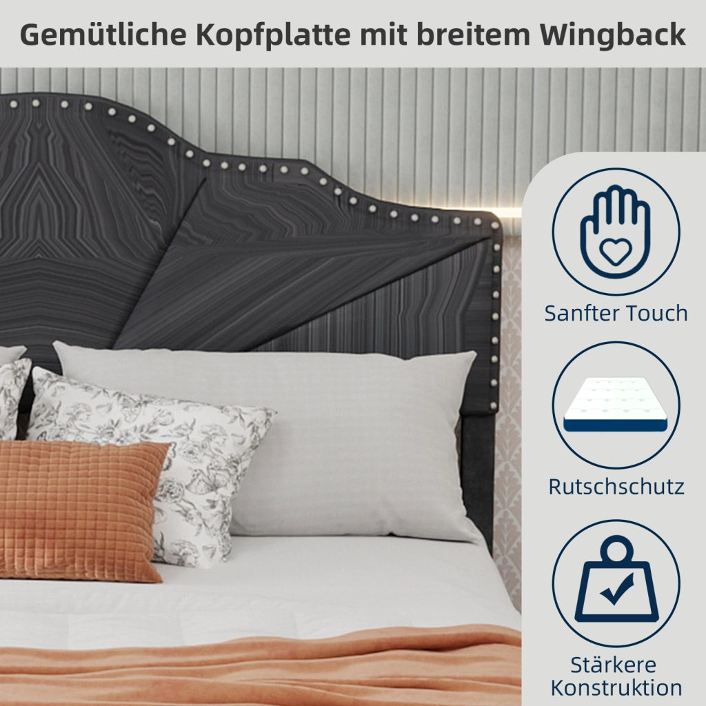 Letto Contenitore 160 x 200 cm con Testiera Geometrica e Rete a Doghe in Grigio