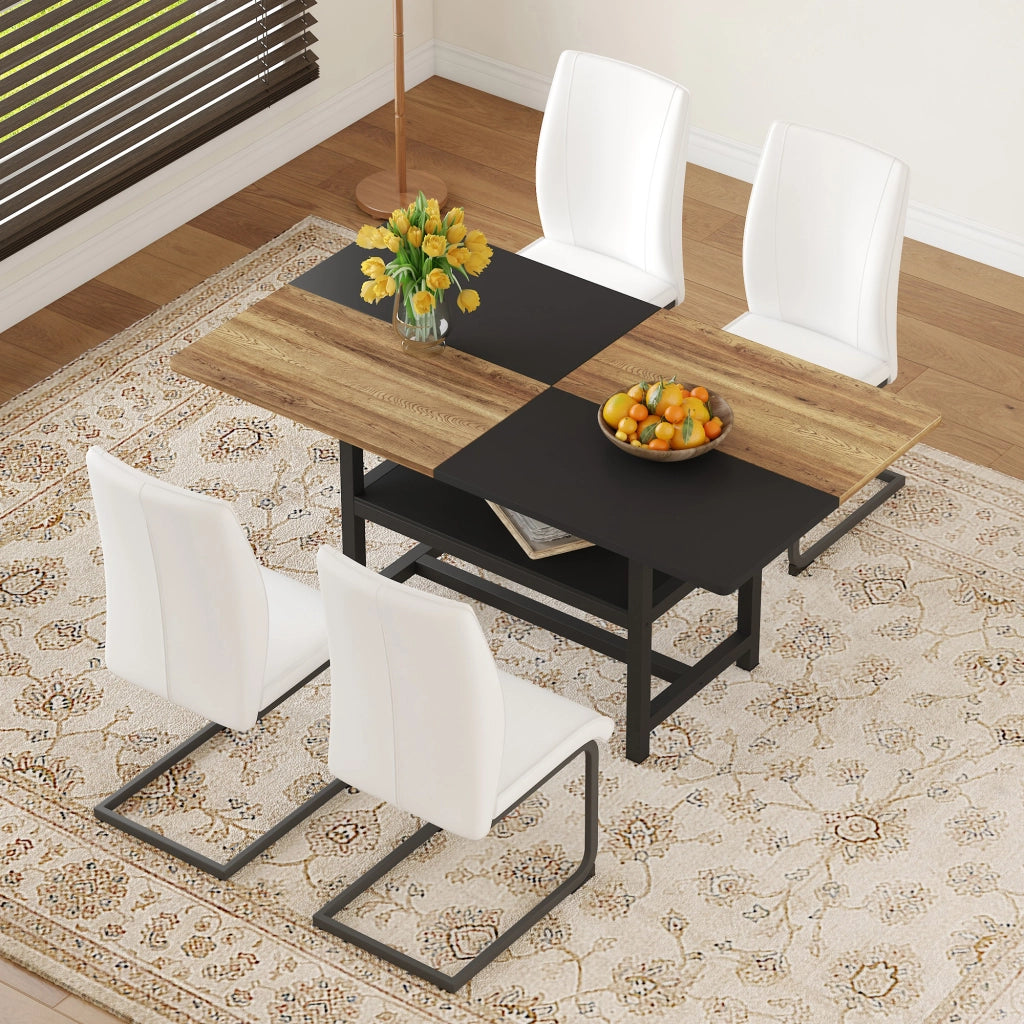 Tavolo da pranzo con ripiano integrato e 4 sedie, per sala da pranzo e cucina, in MDF e metallo, bianco, 160 × 90 × 76 cm