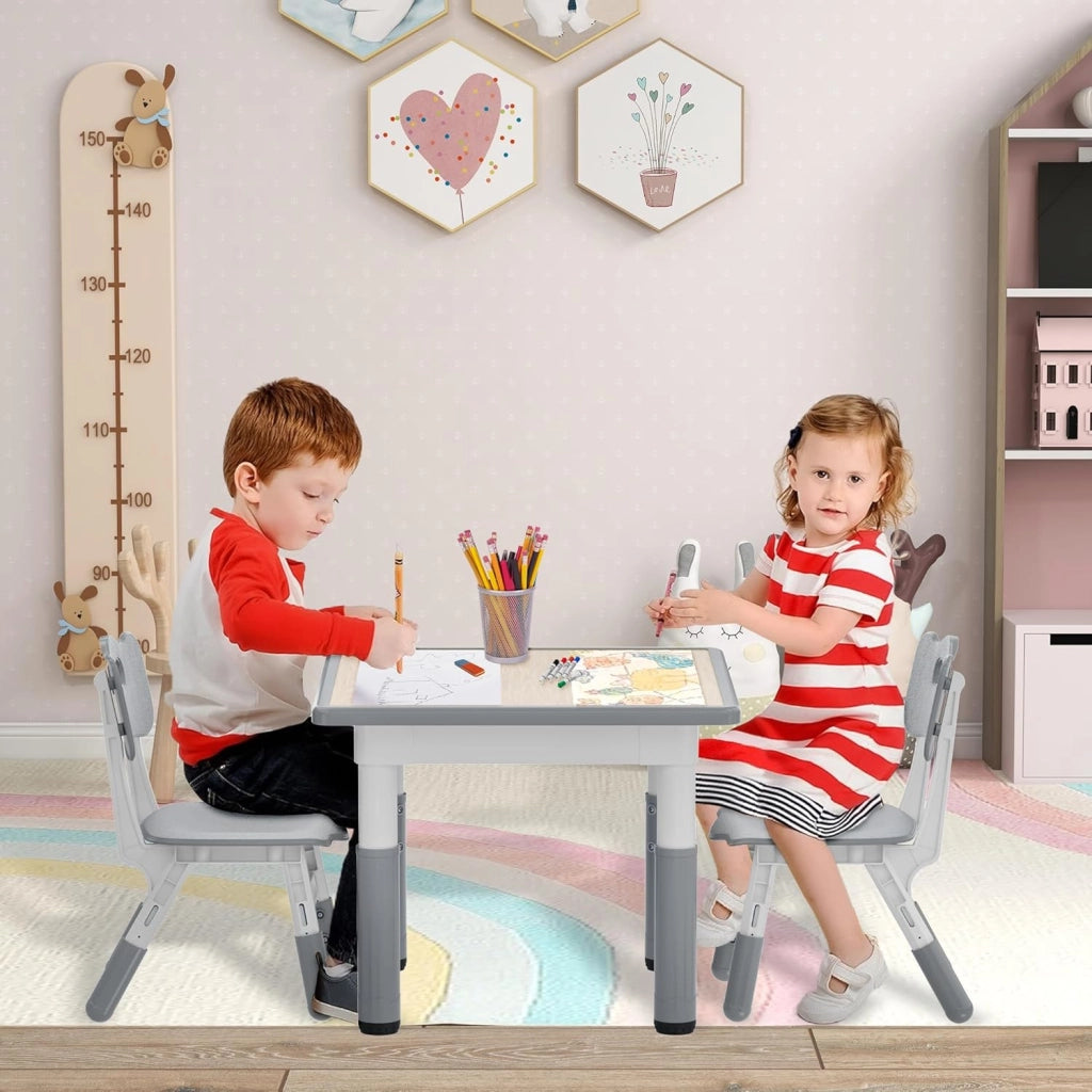 Tavolo per bambini con 2 sedie per bambini, regolabile in altezza, 3 pezzi, in plastica, per cameretta dei bambini, 60 x 60 cm