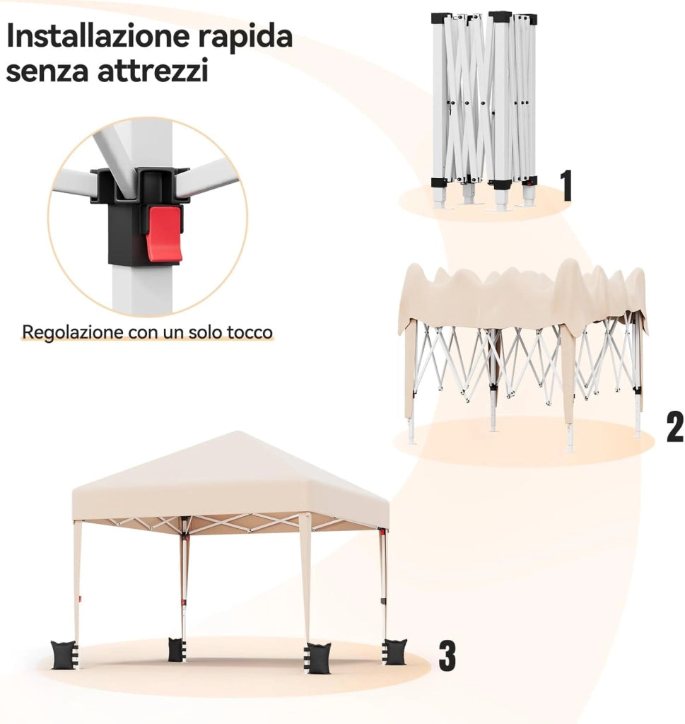 Gazebo 3x3 Pieghevole Impermeabile UPF50+, 3 Altezze Regolabili, Gazebo da Giardino Tende per 8-10 Persone, Gazebo Pieghevole con Borsa da Trasporto, per Giardini, Mercati, Feste, Beige