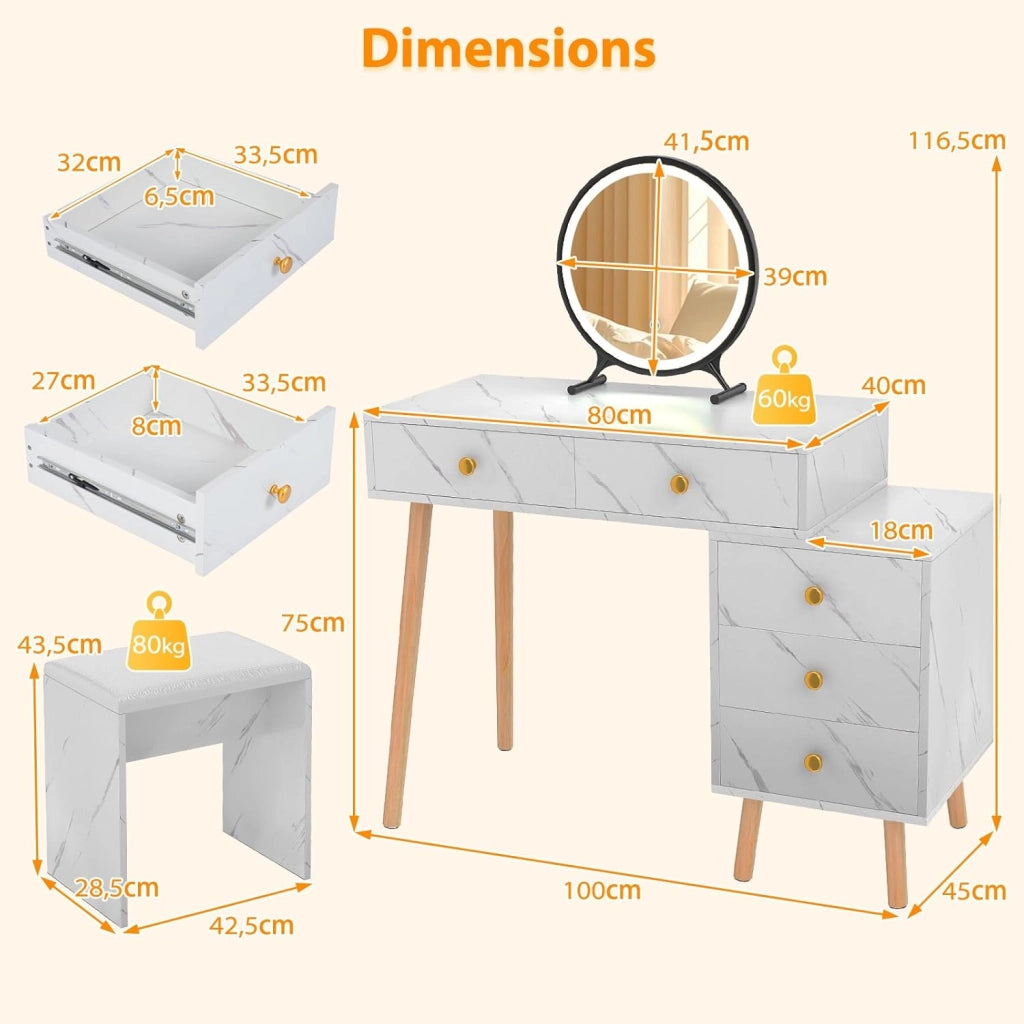 Tavolo da trucco moderno con sgabello imbottito, 3 colori di illuminazione, luminosità regolabile, 5 cassetti, gambe in legno massello, finitura effetto marmo