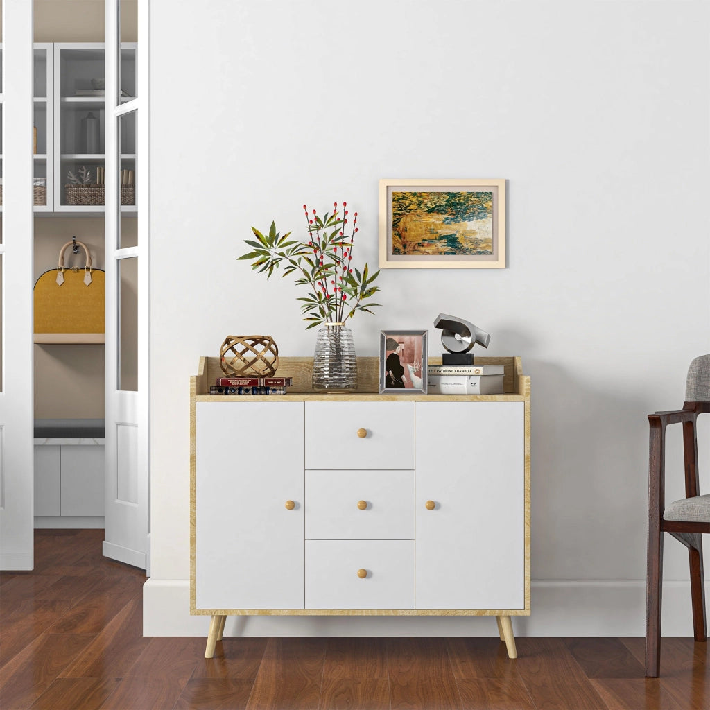 Mobile Credenza 3 Cassetti 90x32x80A cm in Truciolato e Legno di Pino Bianco
