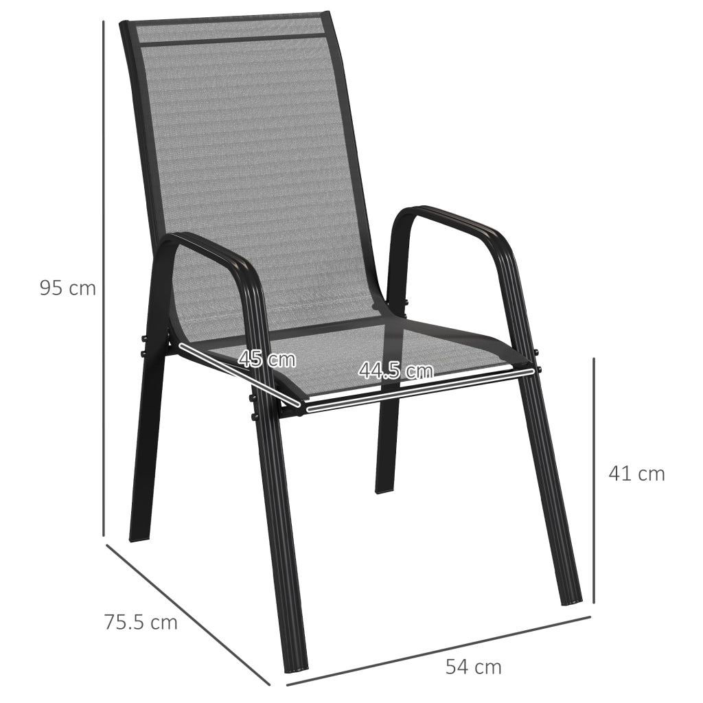 Set 4 Sedie da Giardino Impilabili e Salvaspazio con Braccioli in Metallo e Tessuto a Rete Nero