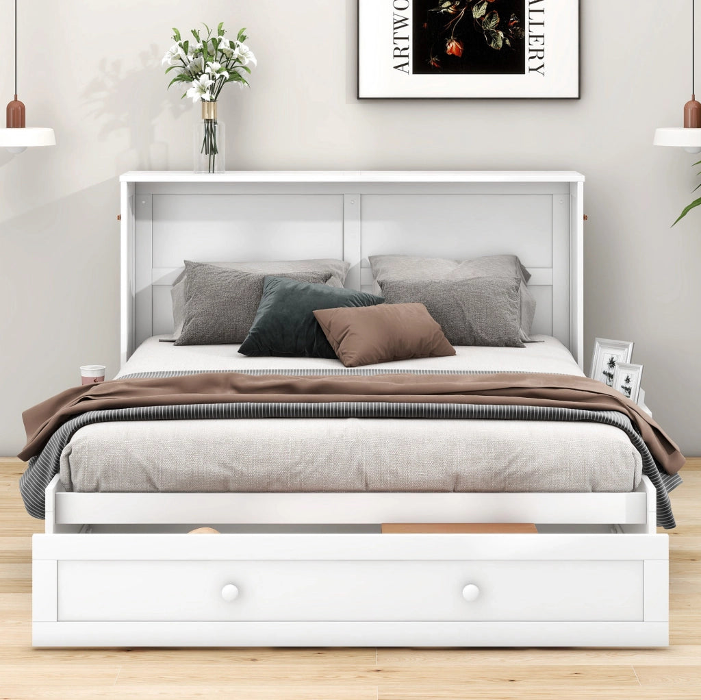 Letto a scomparsa matrimoniale 140x200 cm con cassetto e mensole; bianco