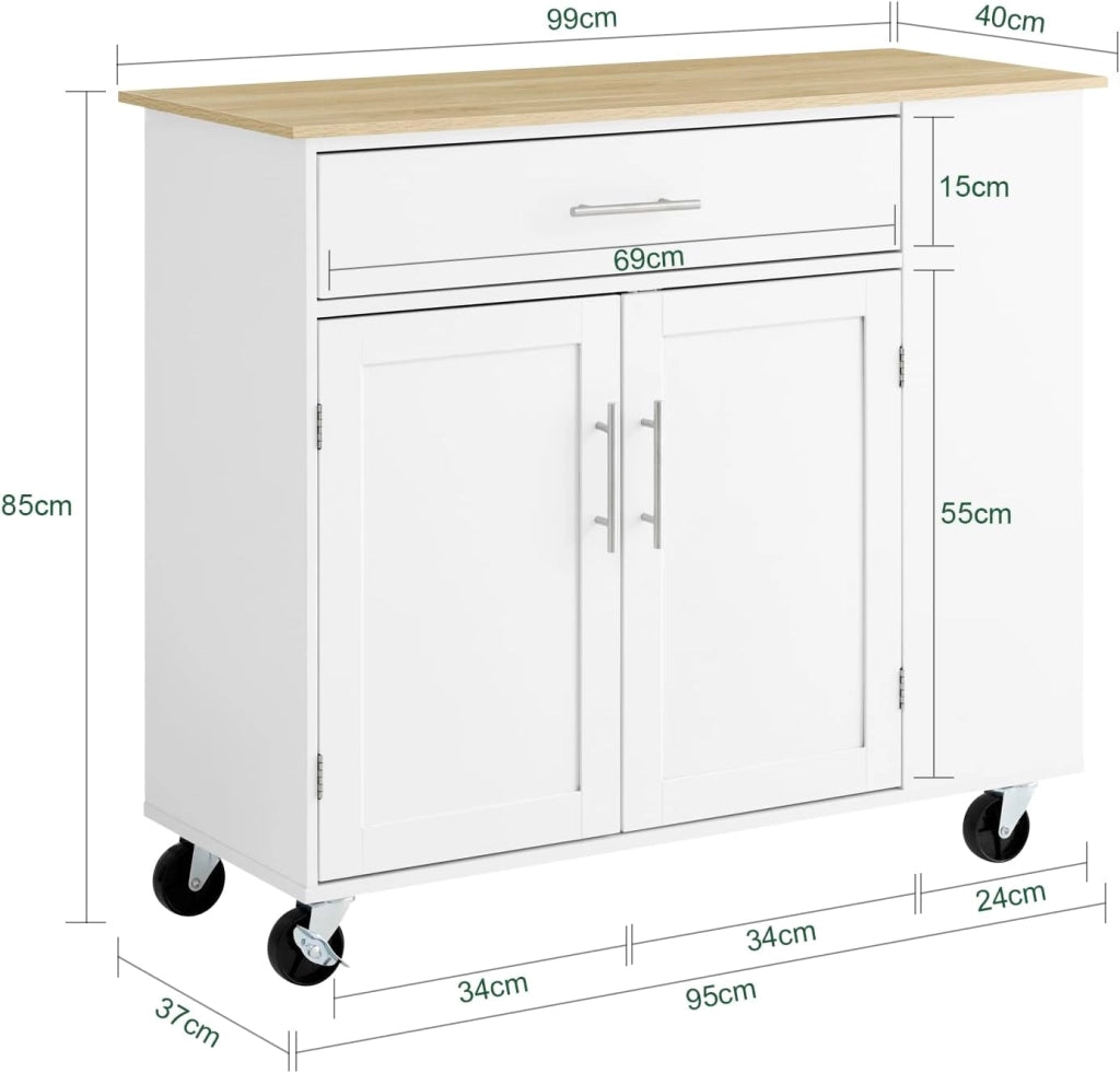 Isola Cucina con Ruote – Carrello Cucina Salvaspazio con Cassetto e Ripiano Regolabile – Mobiletto Cucina con Piano di Lavoro, da Pranzo o per Penisola Cucina, Bianco 99x40x85 cm FKW133-WN