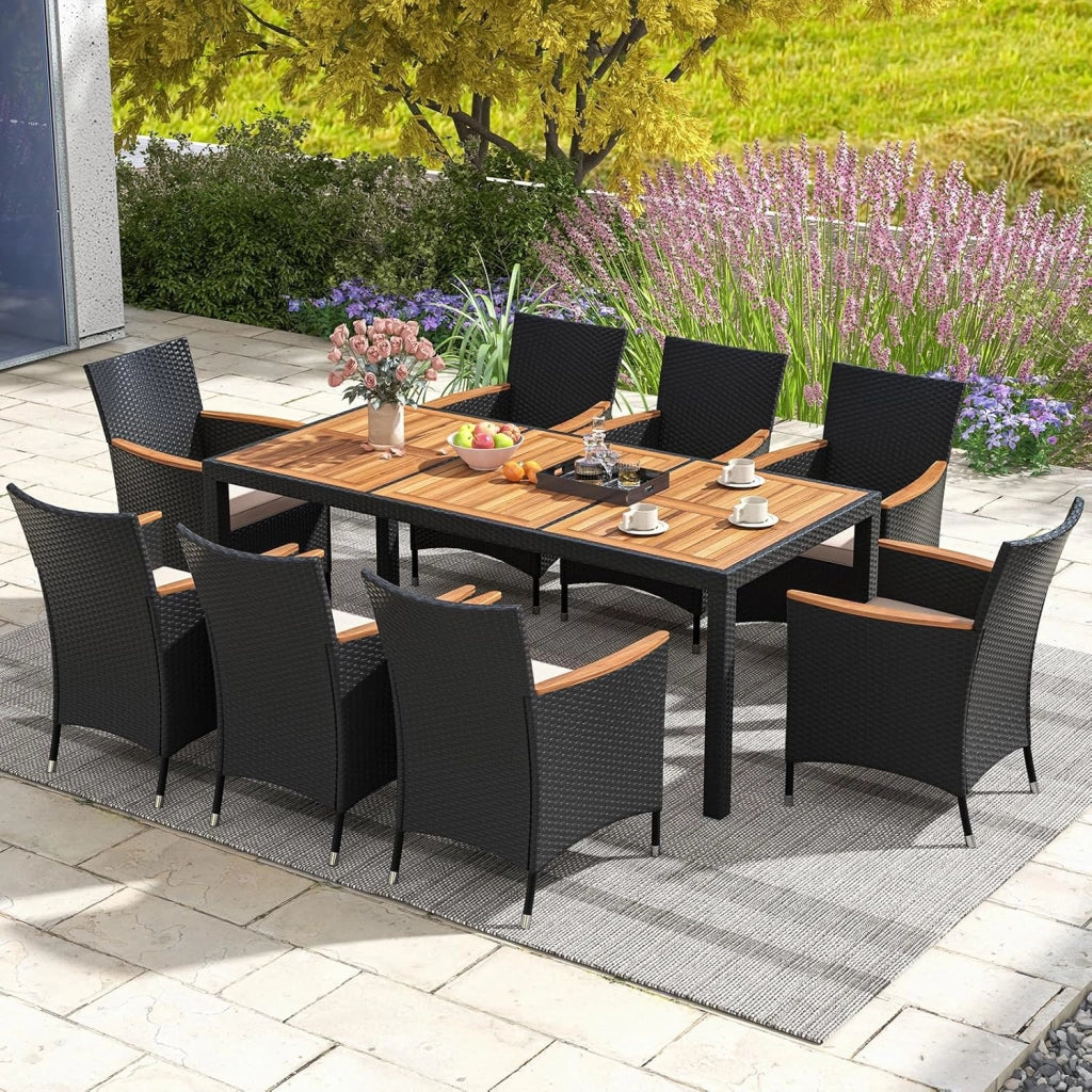 Set da Giardino 9 Pezzi in Rattan PE, Set Pranzo da Giardino con 1 Tavolo e 8 Sedie con Cuscini, Tavolo da Esterno con Piano in Legno di Acacia e Foro per Ombrellone, Naturale